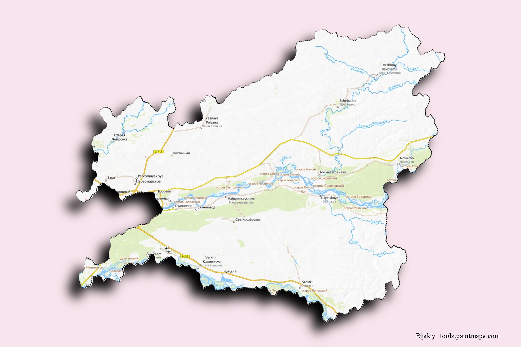 Mapa de barrios y pueblos de Bijskiy con efecto de sombra 3D