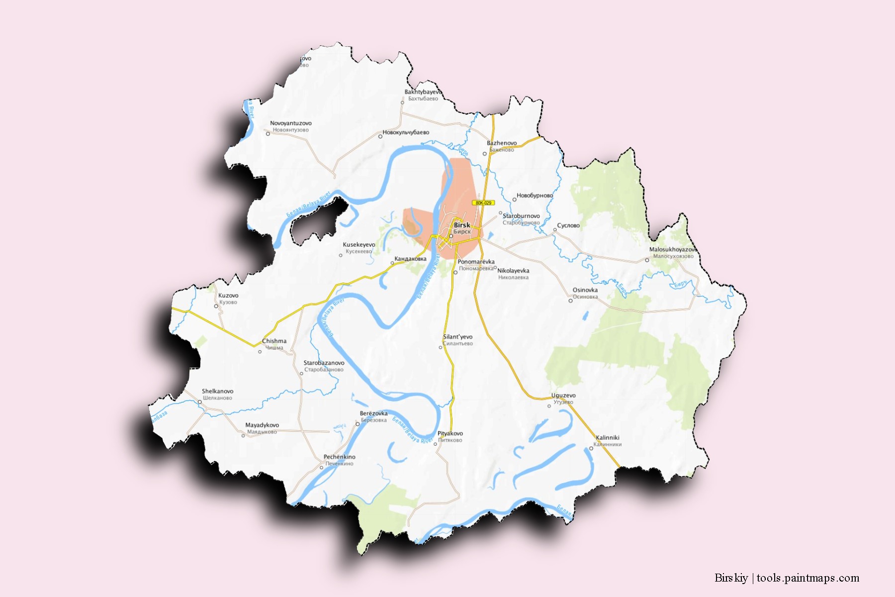 Mapa de barrios y pueblos de Birskiy con efecto de sombra 3D