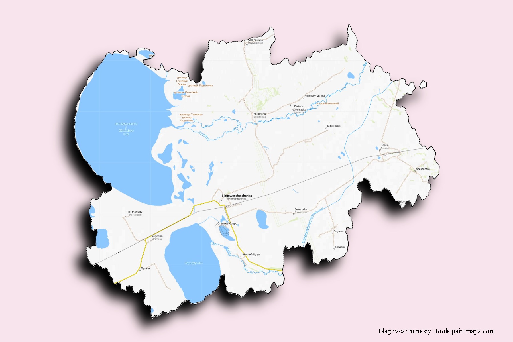 Mapa de barrios y pueblos de Blagoveshhenskiy con efecto de sombra 3D