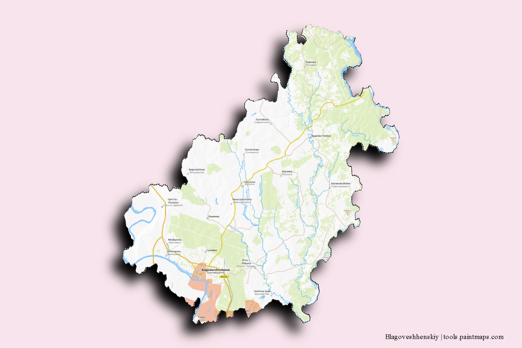 Blagoveshhenskiy neighborhoods and villages map with 3D shadow effect