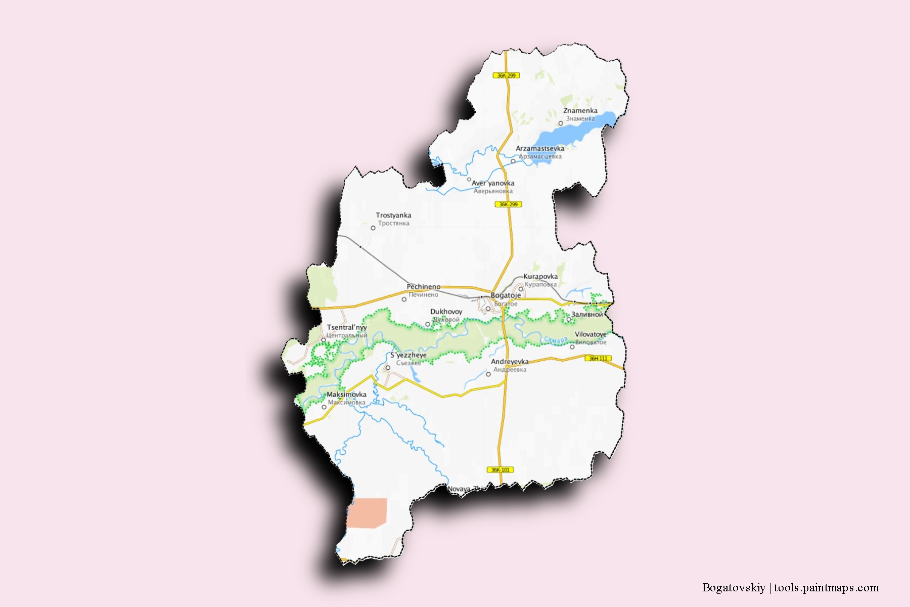 Bogatovskiy neighborhoods and villages map with 3D shadow effect