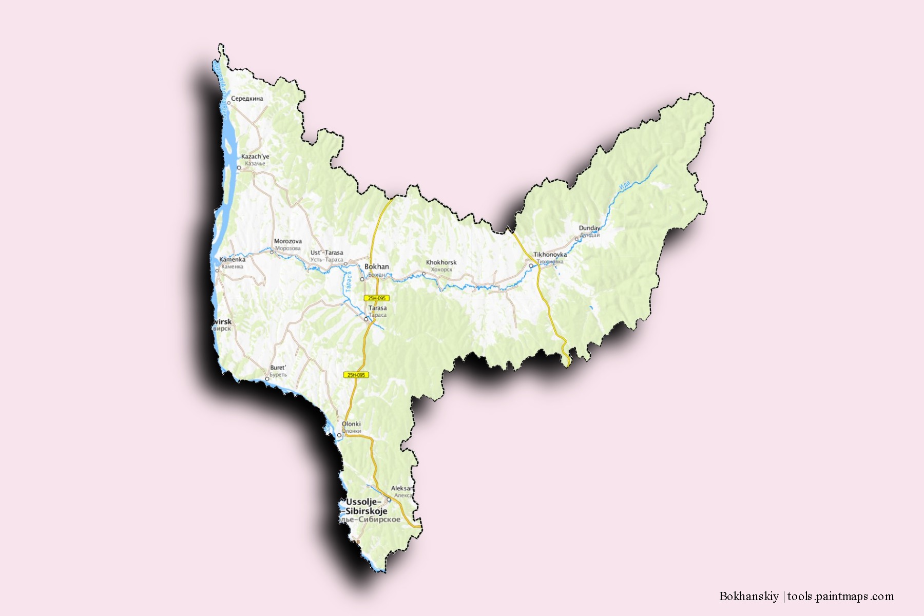 Mapa de barrios y pueblos de Bokhanskiy con efecto de sombra 3D