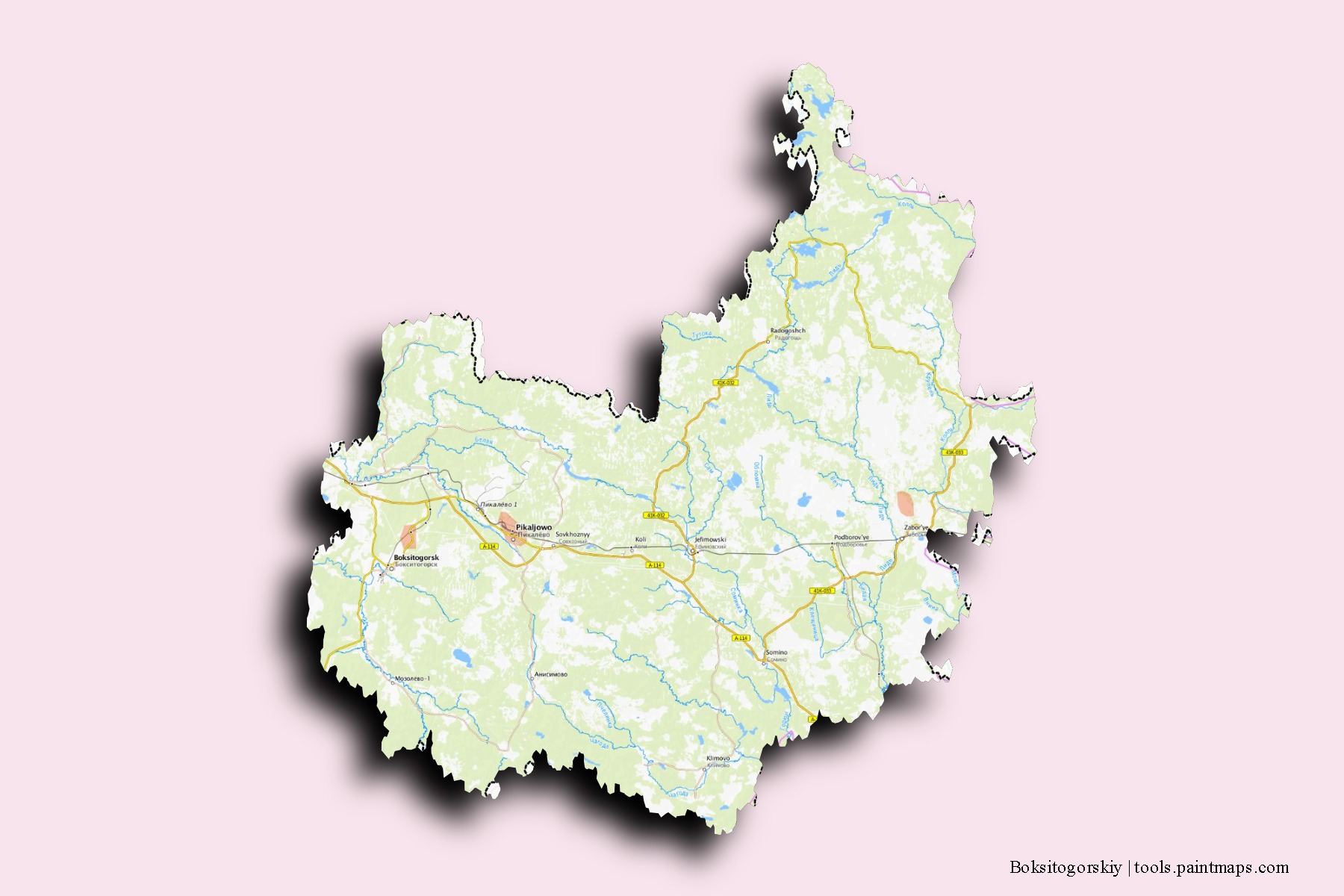 Mapa de barrios y pueblos de Boksitogorskiy con efecto de sombra 3D