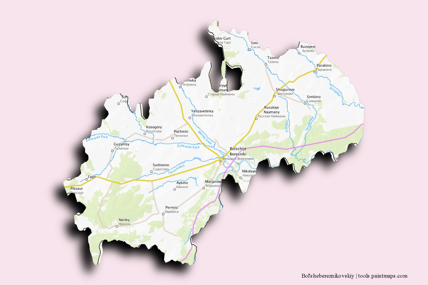 Mapa de barrios y pueblos de Bol'shebereznikovskiy con efecto de sombra 3D