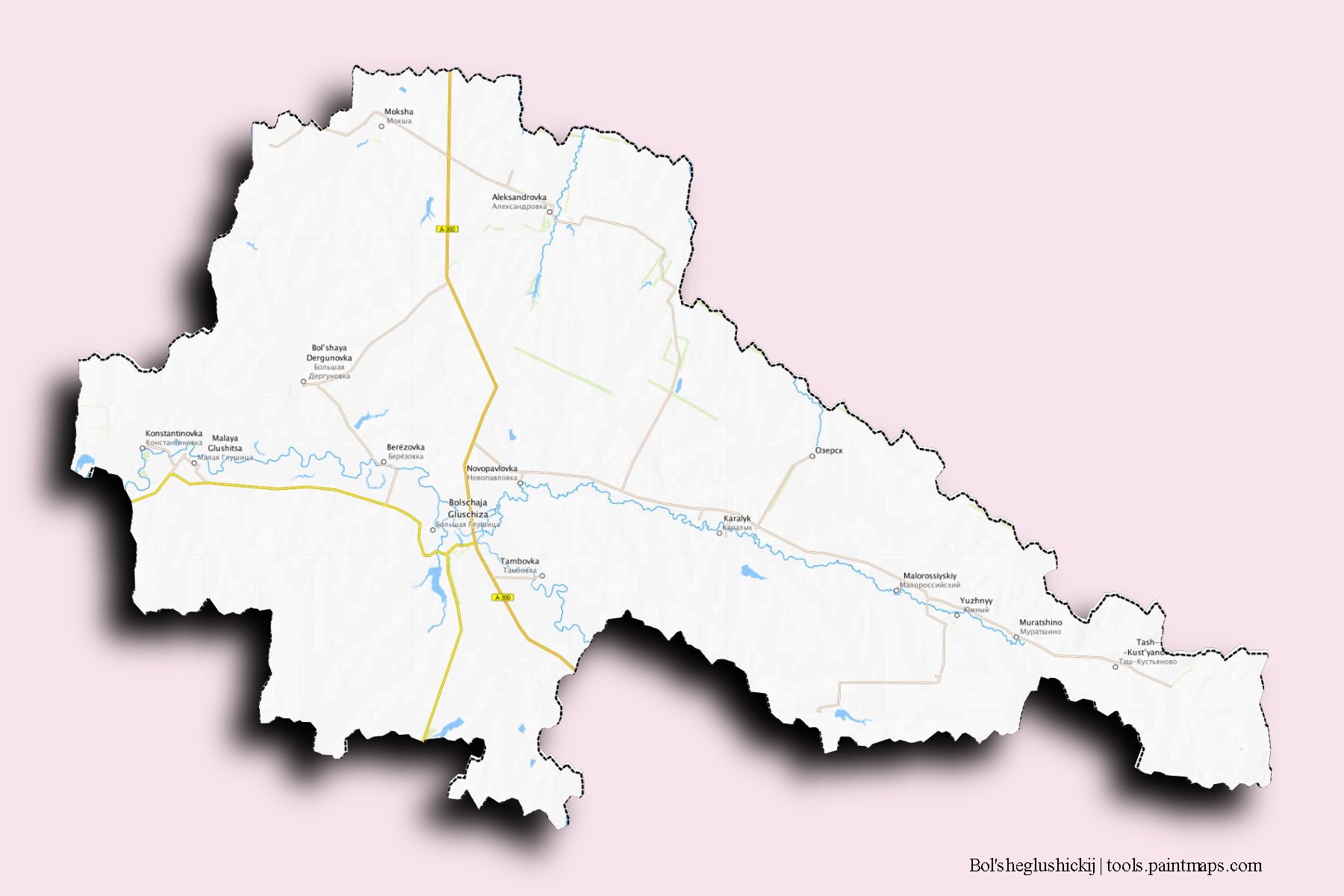 Mapa de barrios y pueblos de Bol'sheglushickij con efecto de sombra 3D