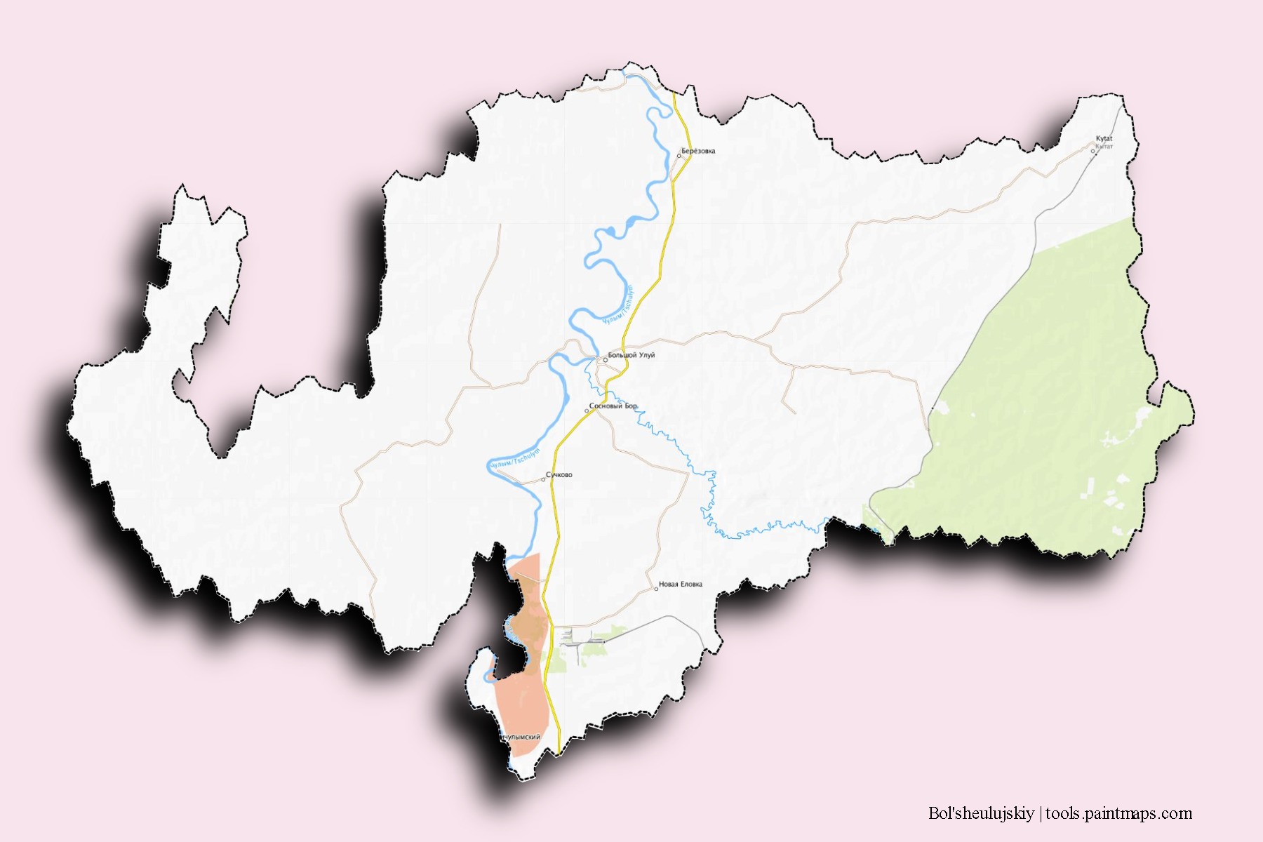 Mapa de barrios y pueblos de Bol'sheulujskiy con efecto de sombra 3D