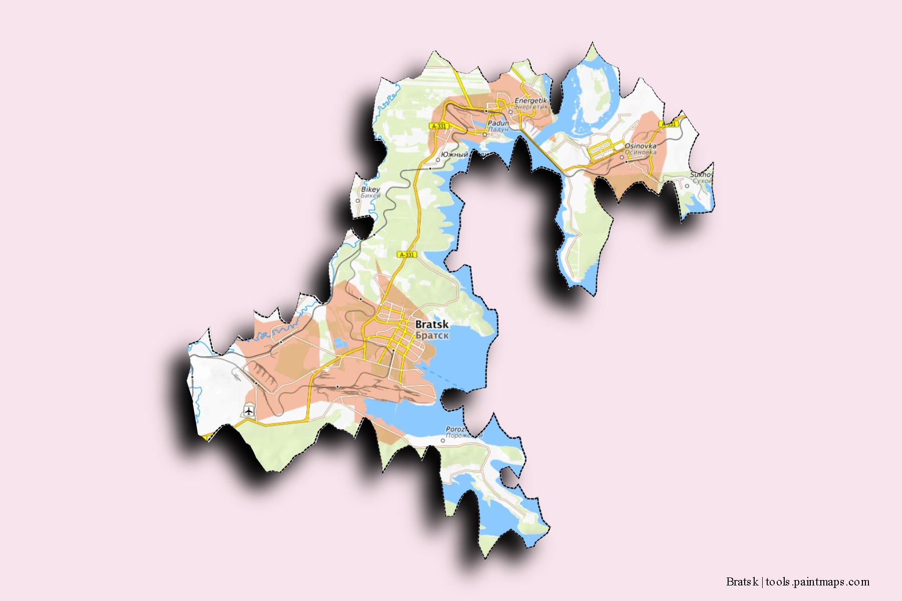 3D gölge efektli Bratsk mahalleleri ve köyleri haritası