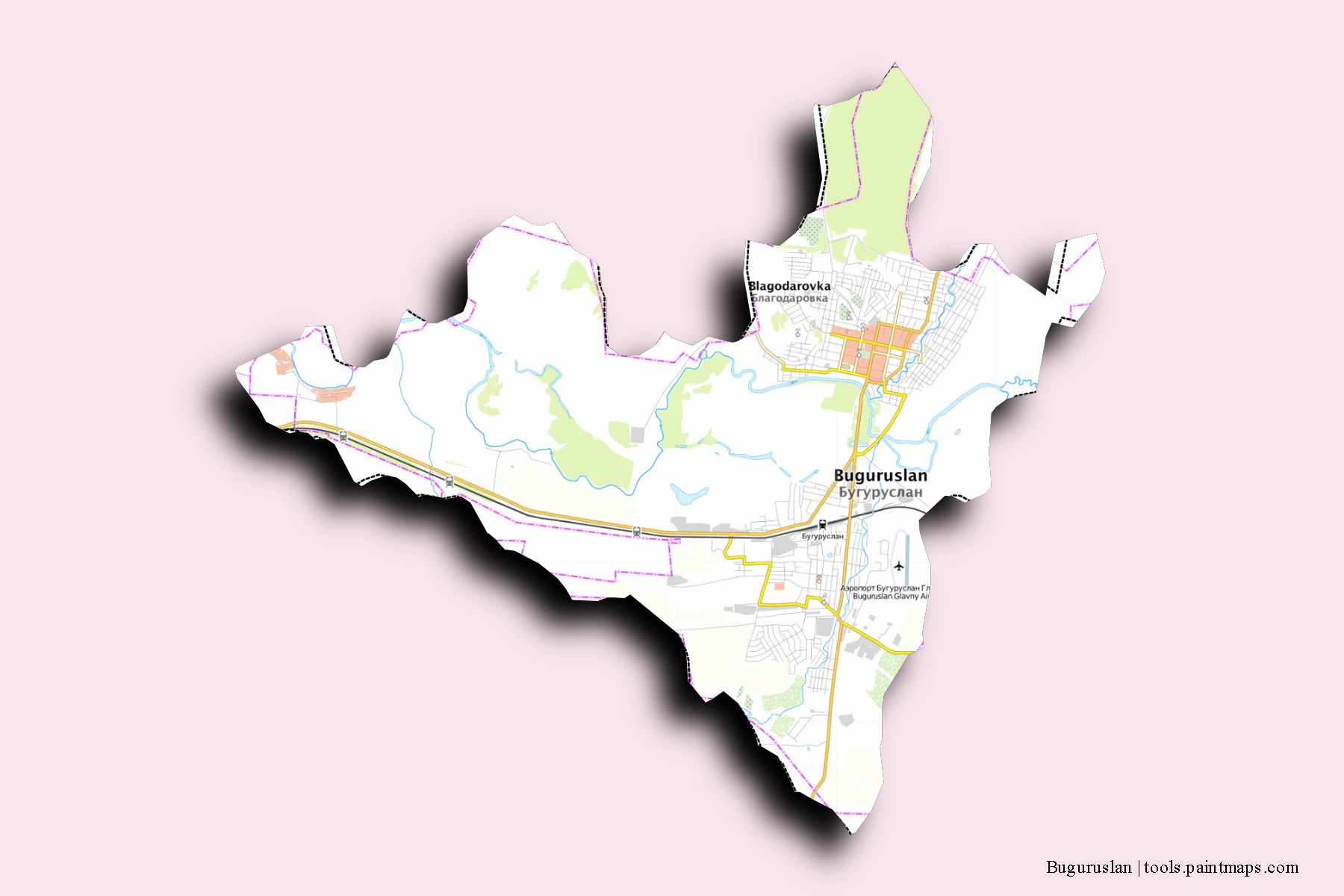 Buguruslan neighborhoods and villages map with 3D shadow effect