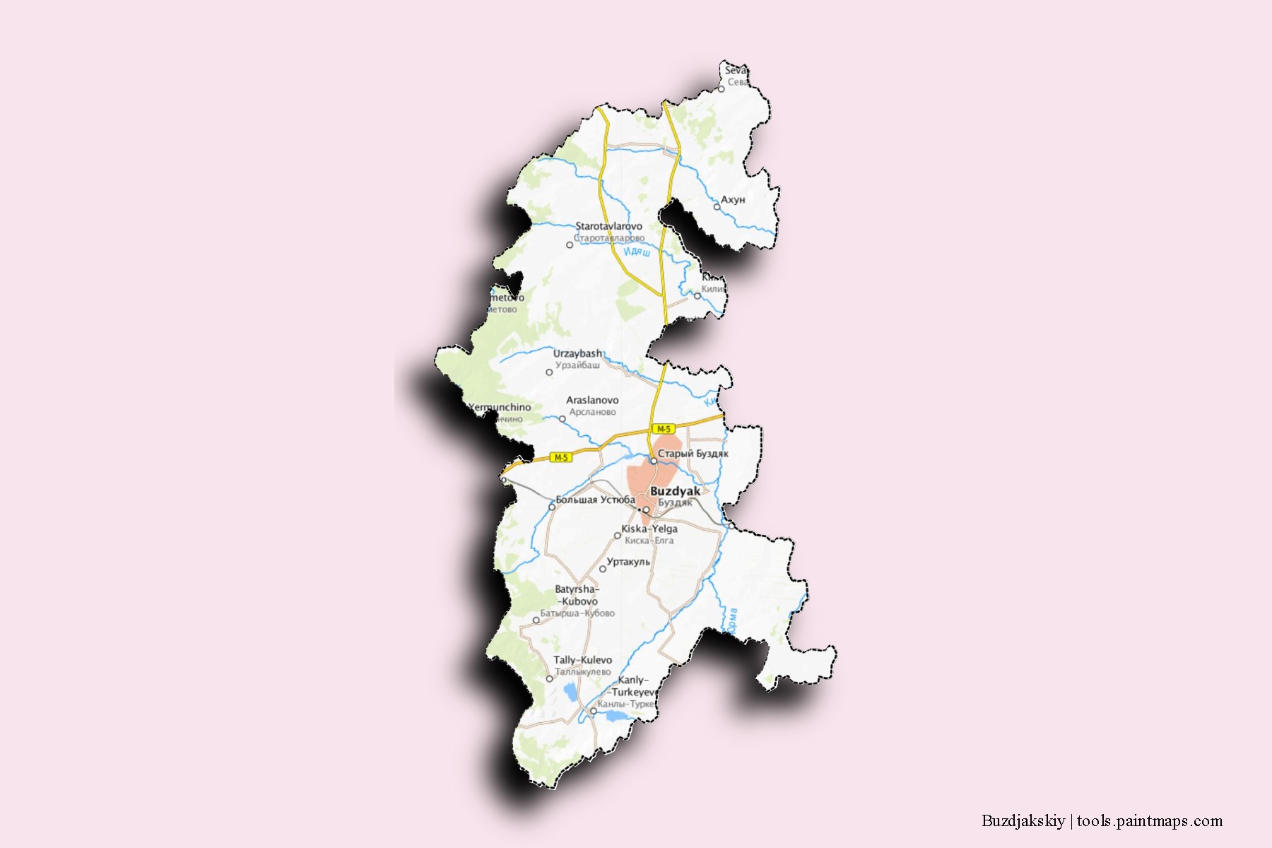 Mapa de barrios y pueblos de Buzdjakskiy con efecto de sombra 3D