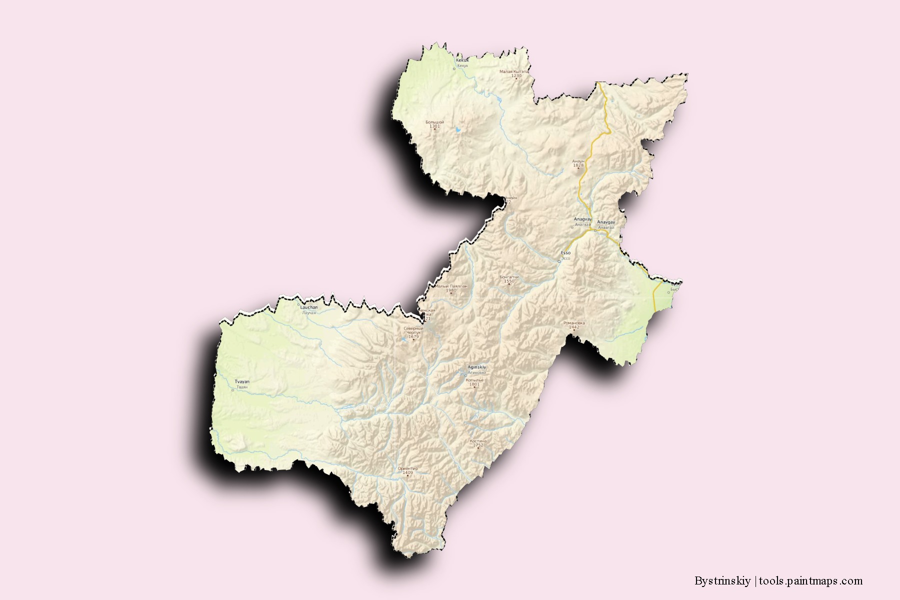 Mapa de barrios y pueblos de Bystrinskiy con efecto de sombra 3D