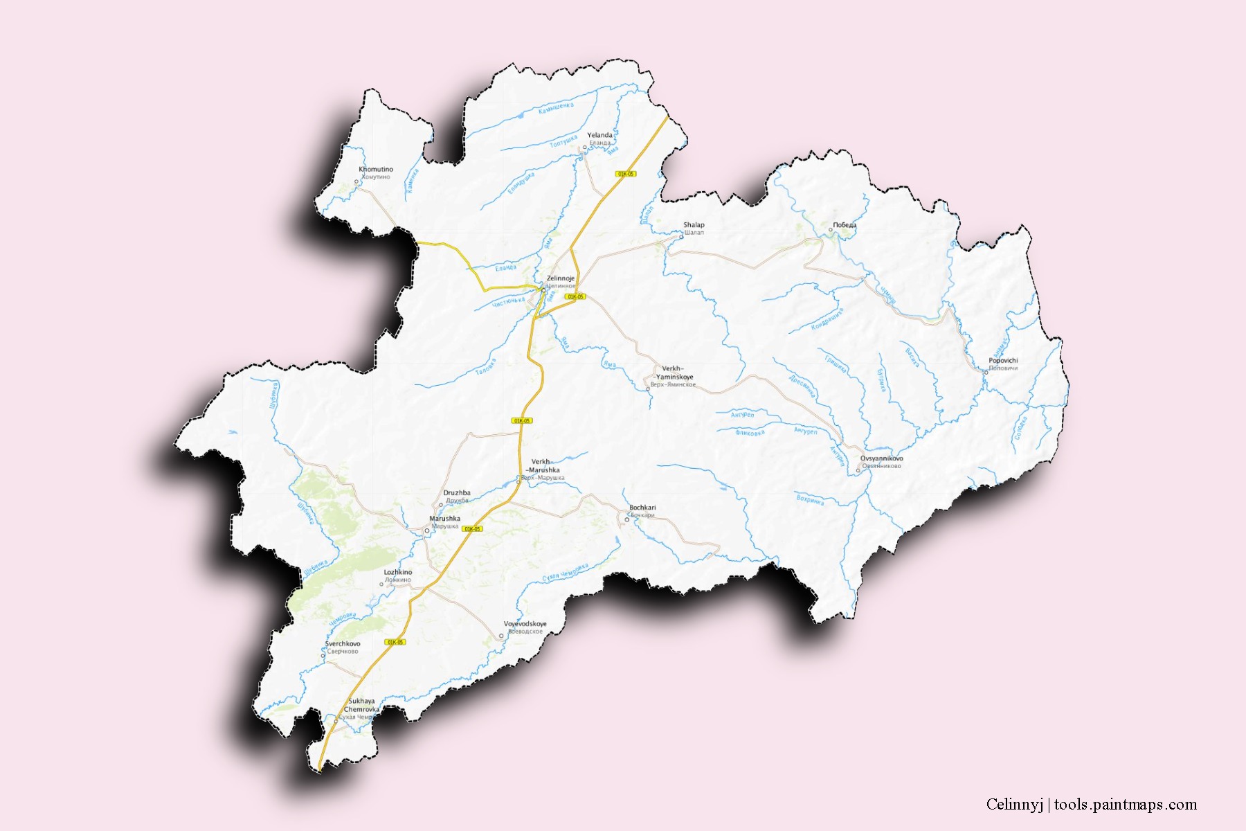 Mapa de barrios y pueblos de Celinnyj con efecto de sombra 3D