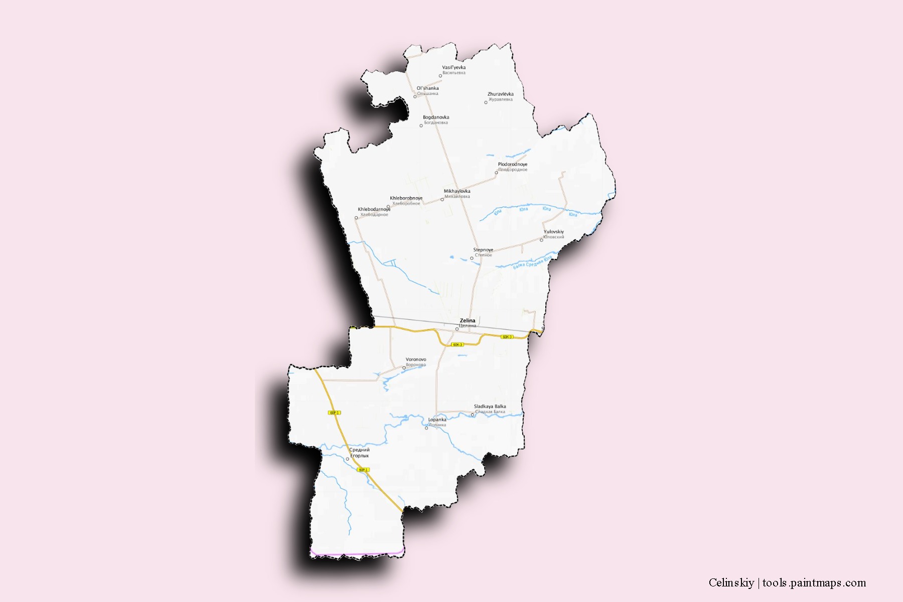 Mapa de barrios y pueblos de Celinskiy con efecto de sombra 3D