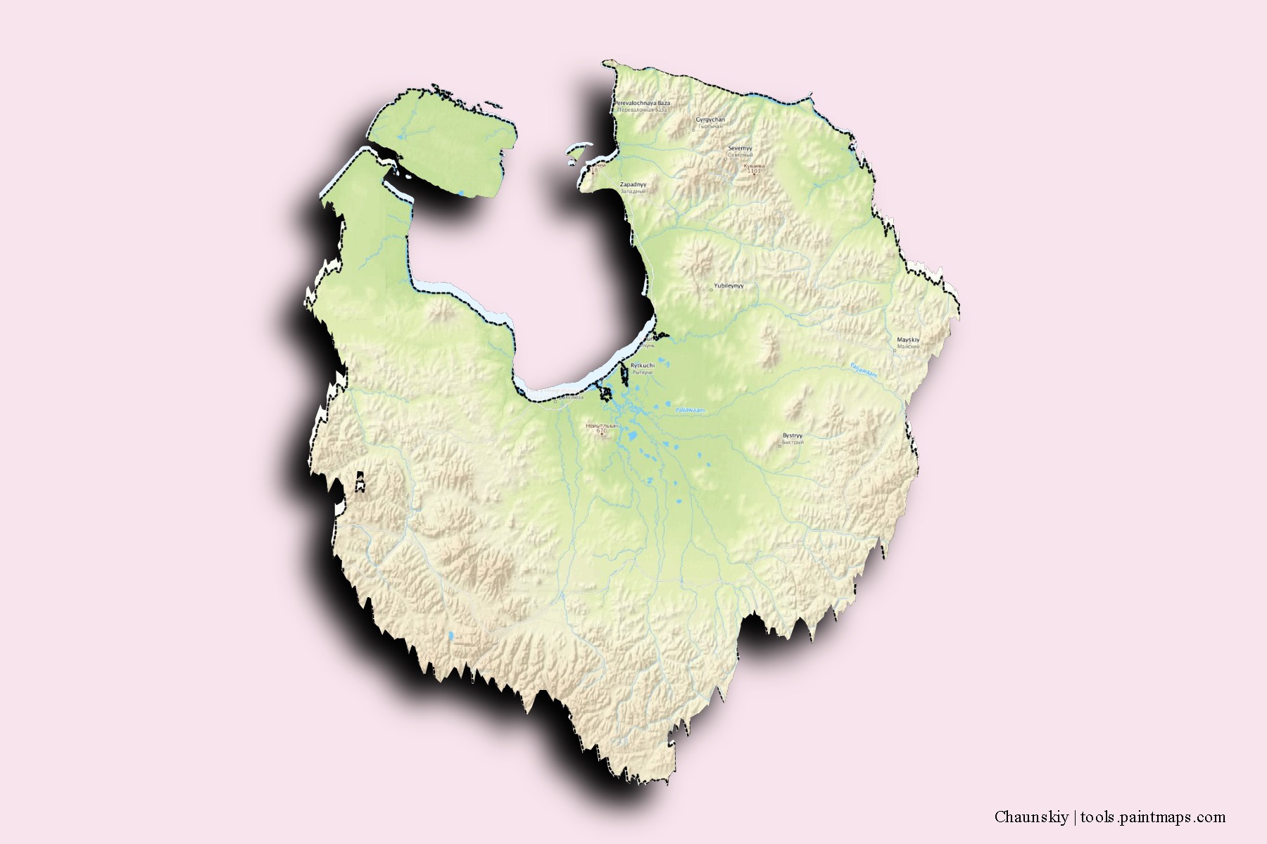 Mapa de barrios y pueblos de Chaunskiy con efecto de sombra 3D