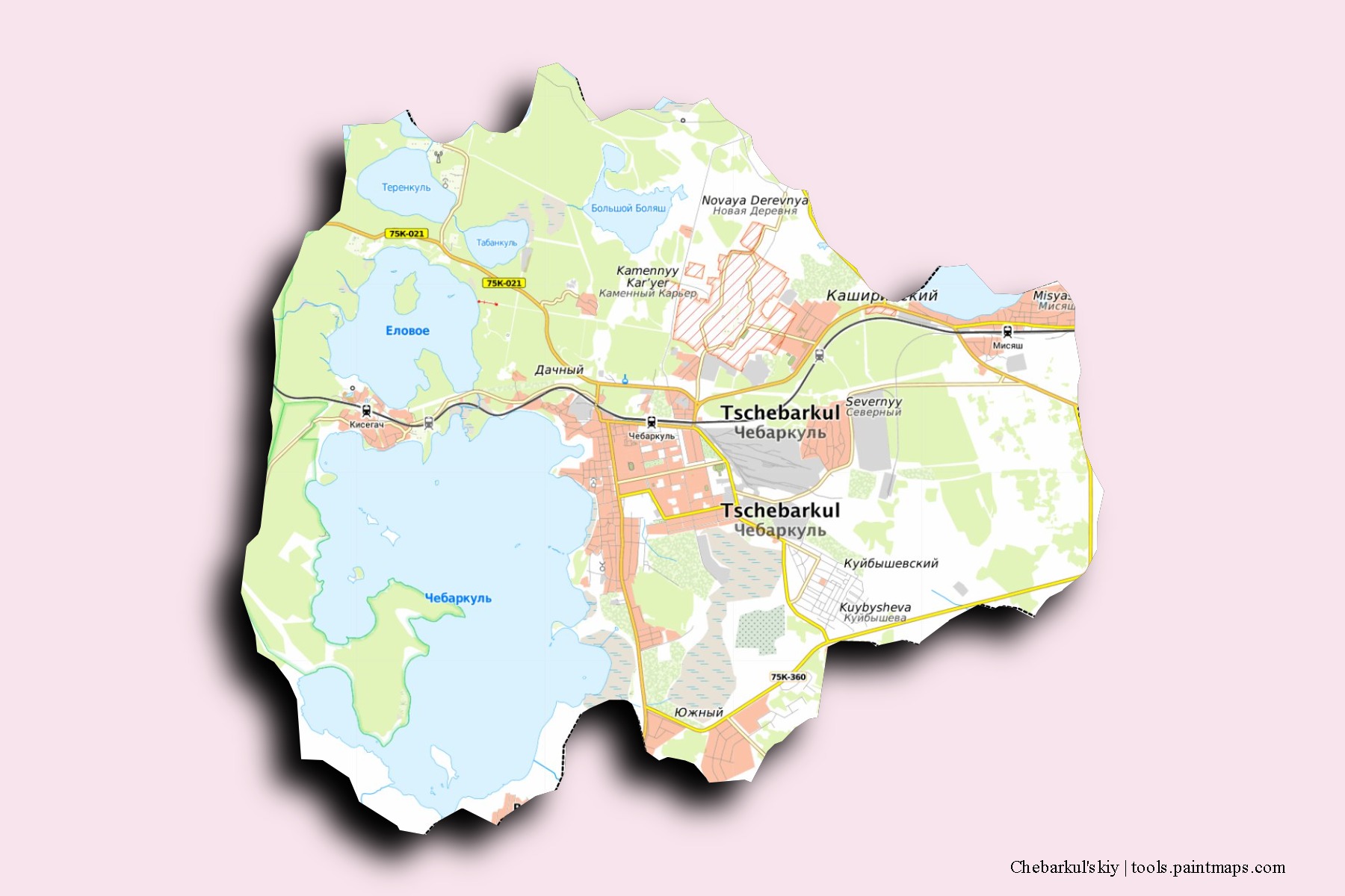 Mapa de barrios y pueblos de Chebarkul'skiy con efecto de sombra 3D