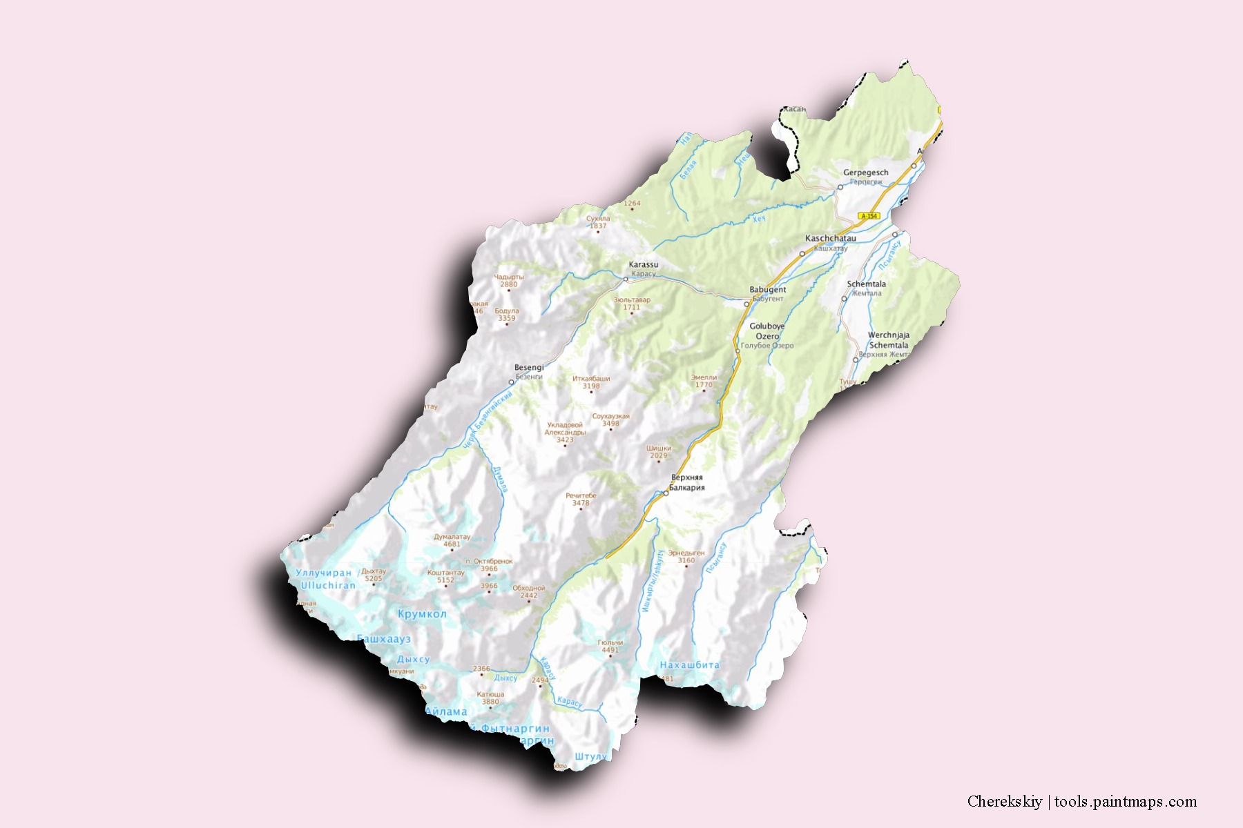 3D gölge efektli Cherekskiy mahalleleri ve köyleri haritası
