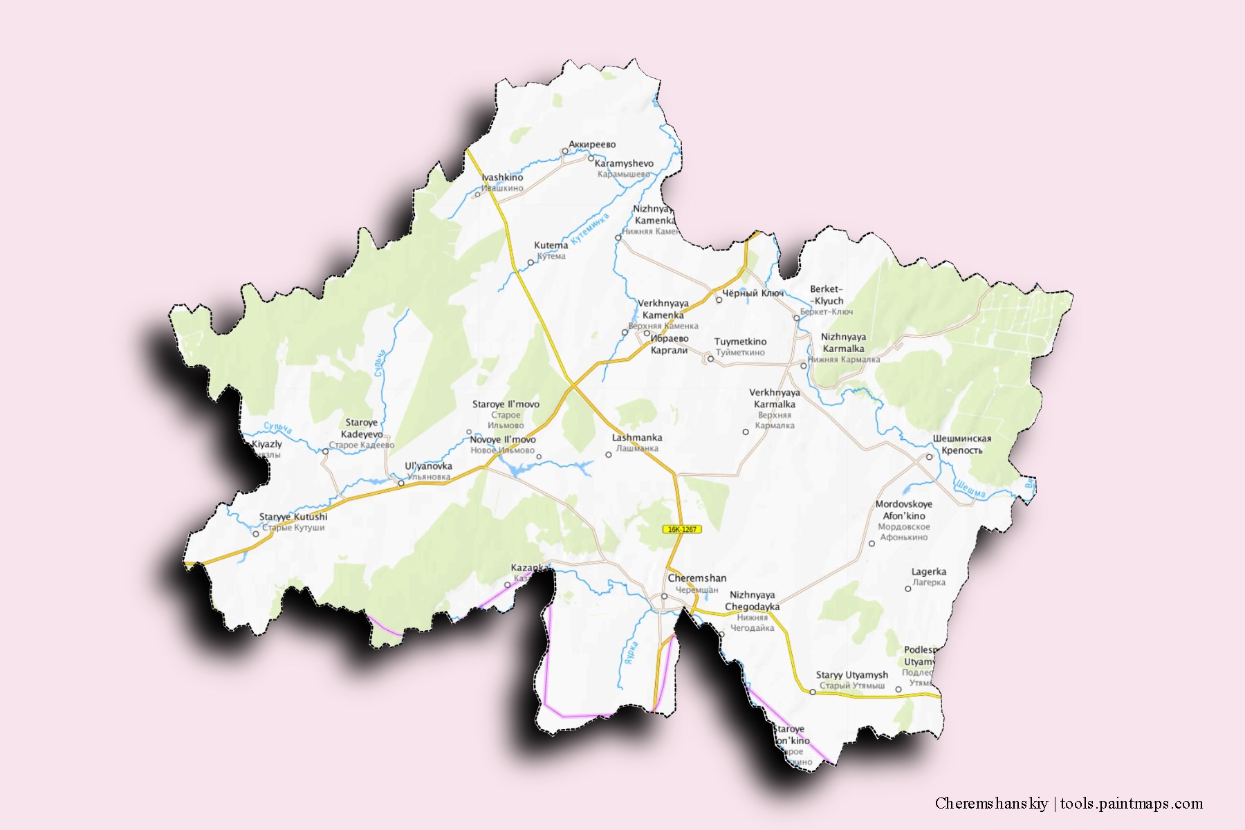 Cheremshanskiy neighborhoods and villages map with 3D shadow effect