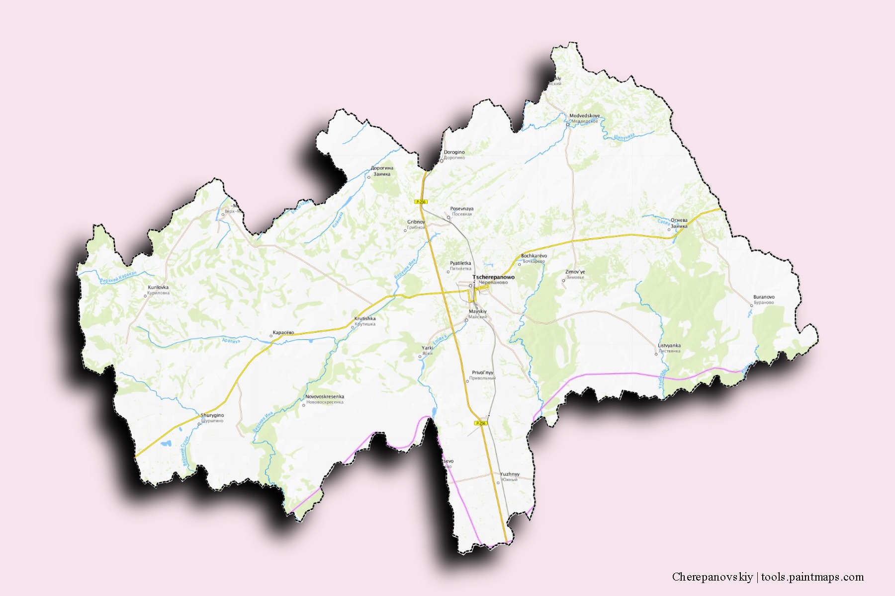 Cherepanovskiy neighborhoods and villages map with 3D shadow effect