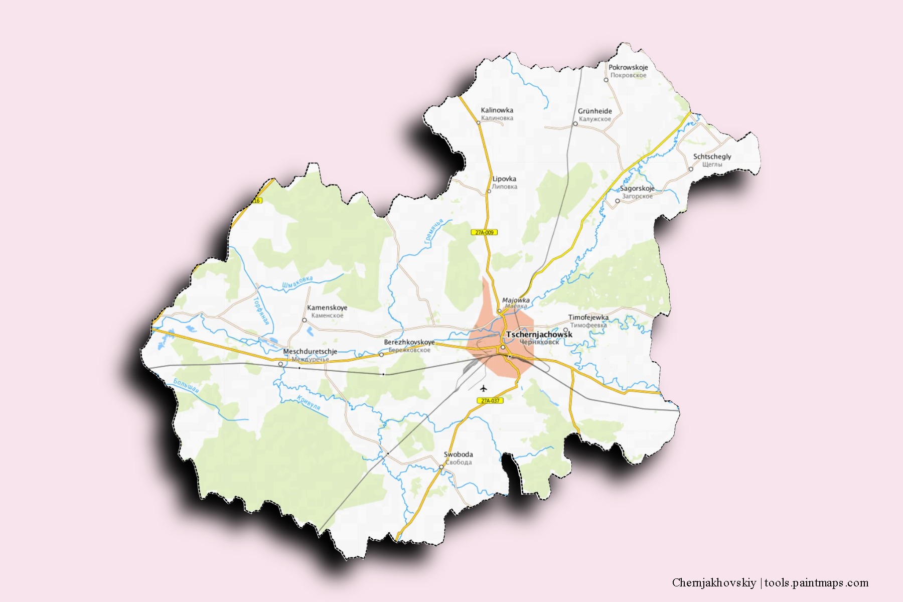 Mapa de barrios y pueblos de Chernjakhovskiy con efecto de sombra 3D