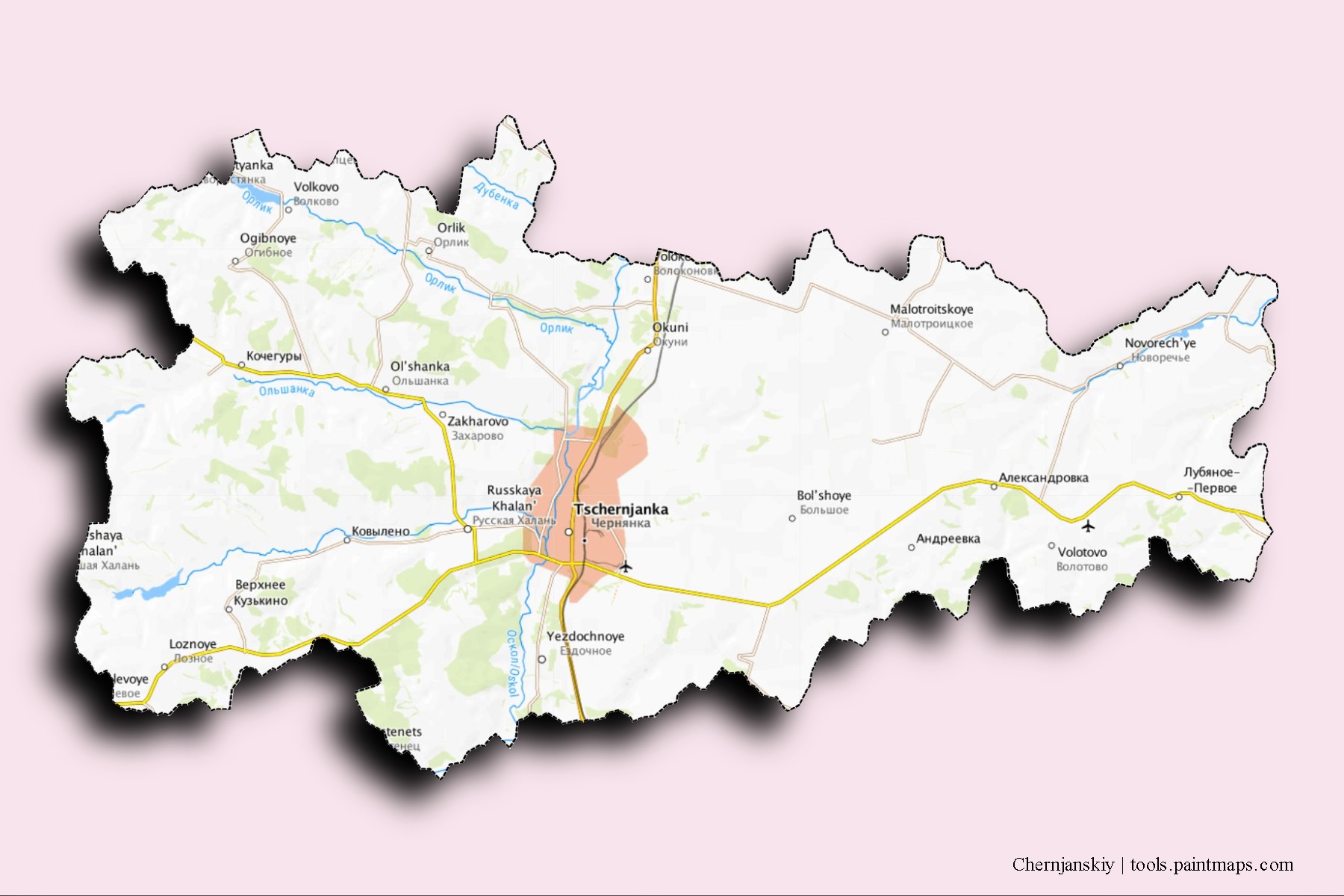 Chernjanskiy neighborhoods and villages map with 3D shadow effect