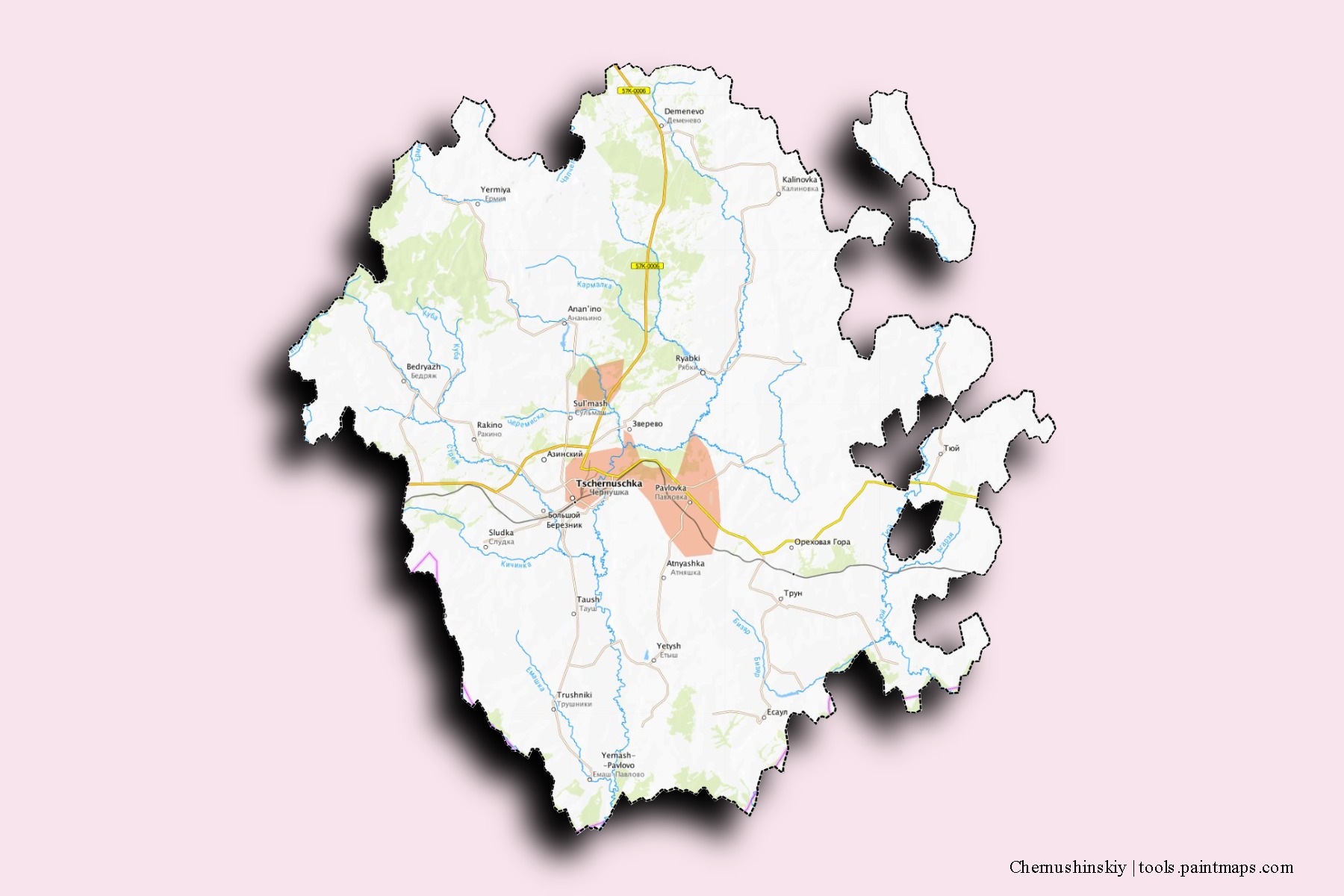 Chernushinskiy neighborhoods and villages map with 3D shadow effect