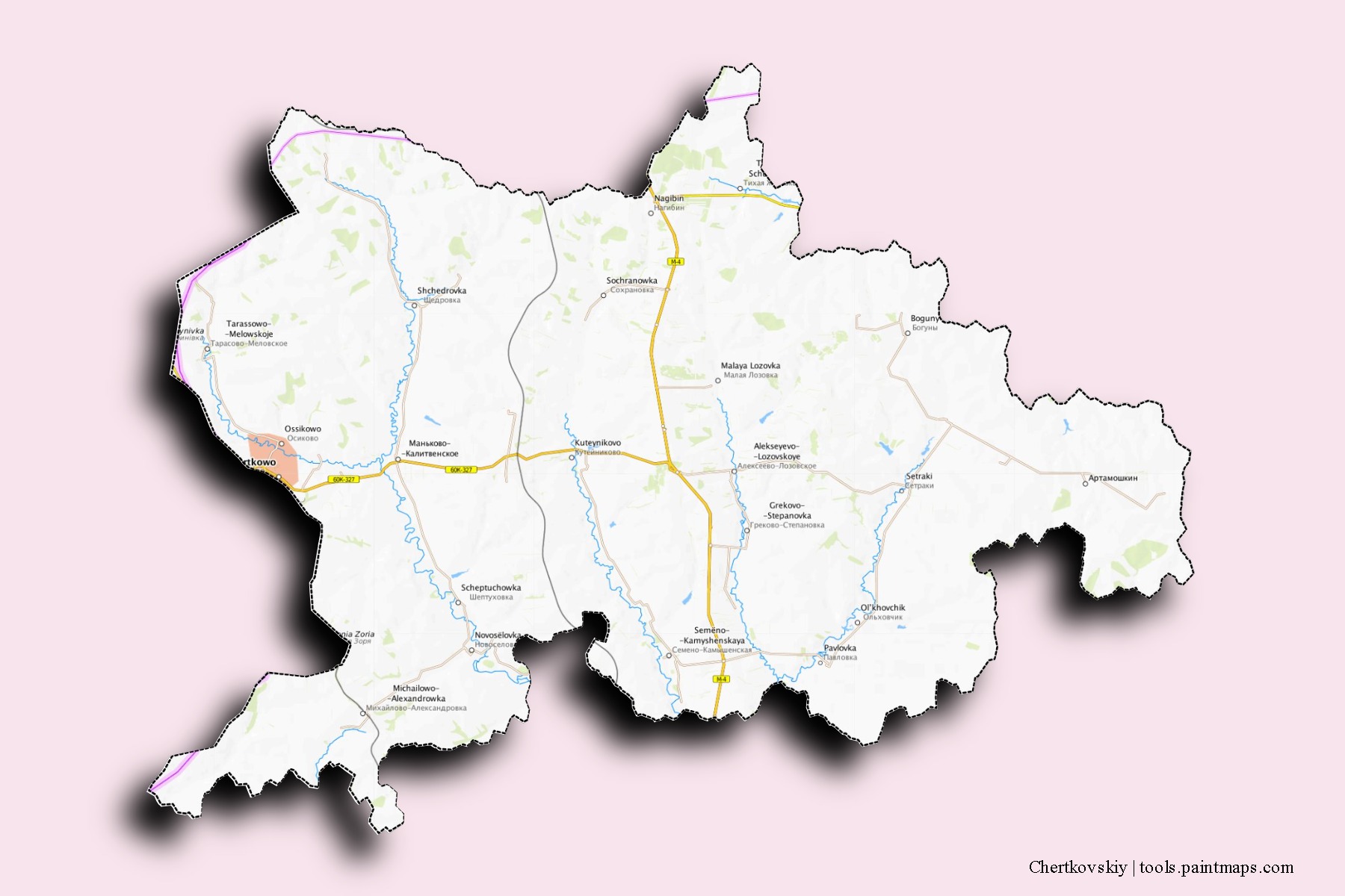 Mapa de barrios y pueblos de Chertkovskiy con efecto de sombra 3D