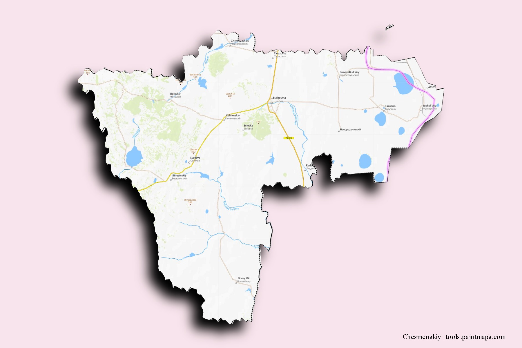 Chesmenskiy neighborhoods and villages map with 3D shadow effect