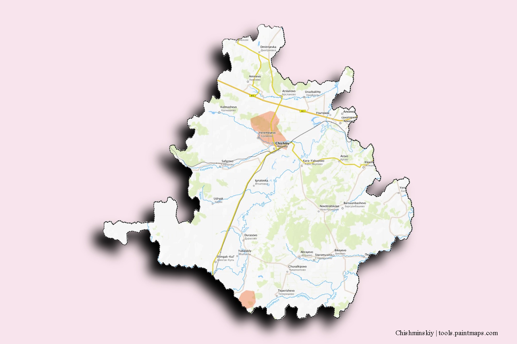 Mapa de barrios y pueblos de Chishminskiy con efecto de sombra 3D