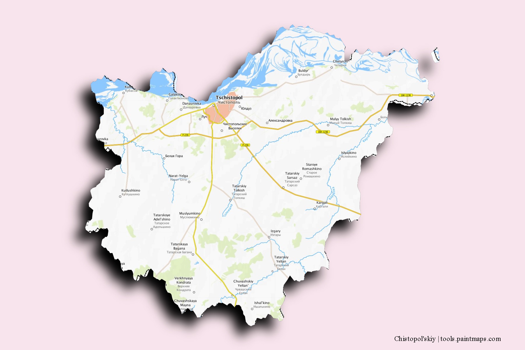 Chistopol'skiy neighborhoods and villages map with 3D shadow effect