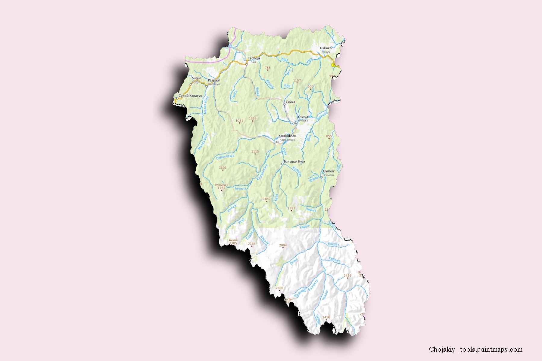 Mapa de barrios y pueblos de Chojskiy con efecto de sombra 3D