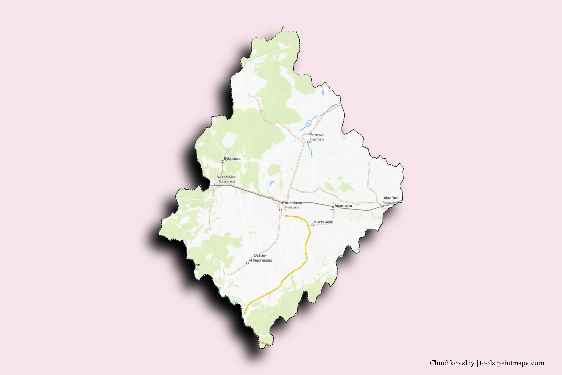 Chuchkovskiy neighborhoods and villages map with 3D shadow effect