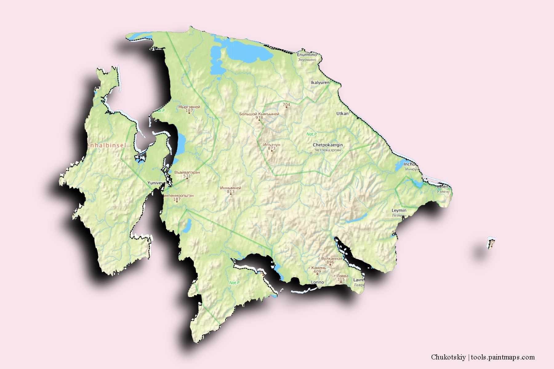 Mapa de barrios y pueblos de Chukotskiy con efecto de sombra 3D