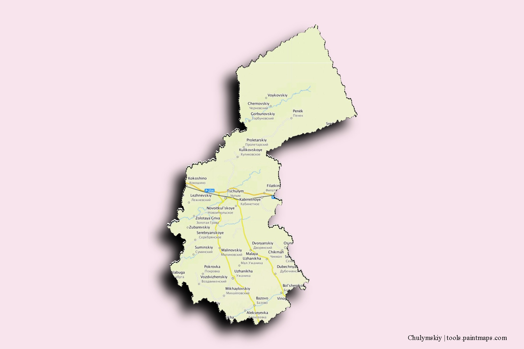 Chulymskiy neighborhoods and villages map with 3D shadow effect