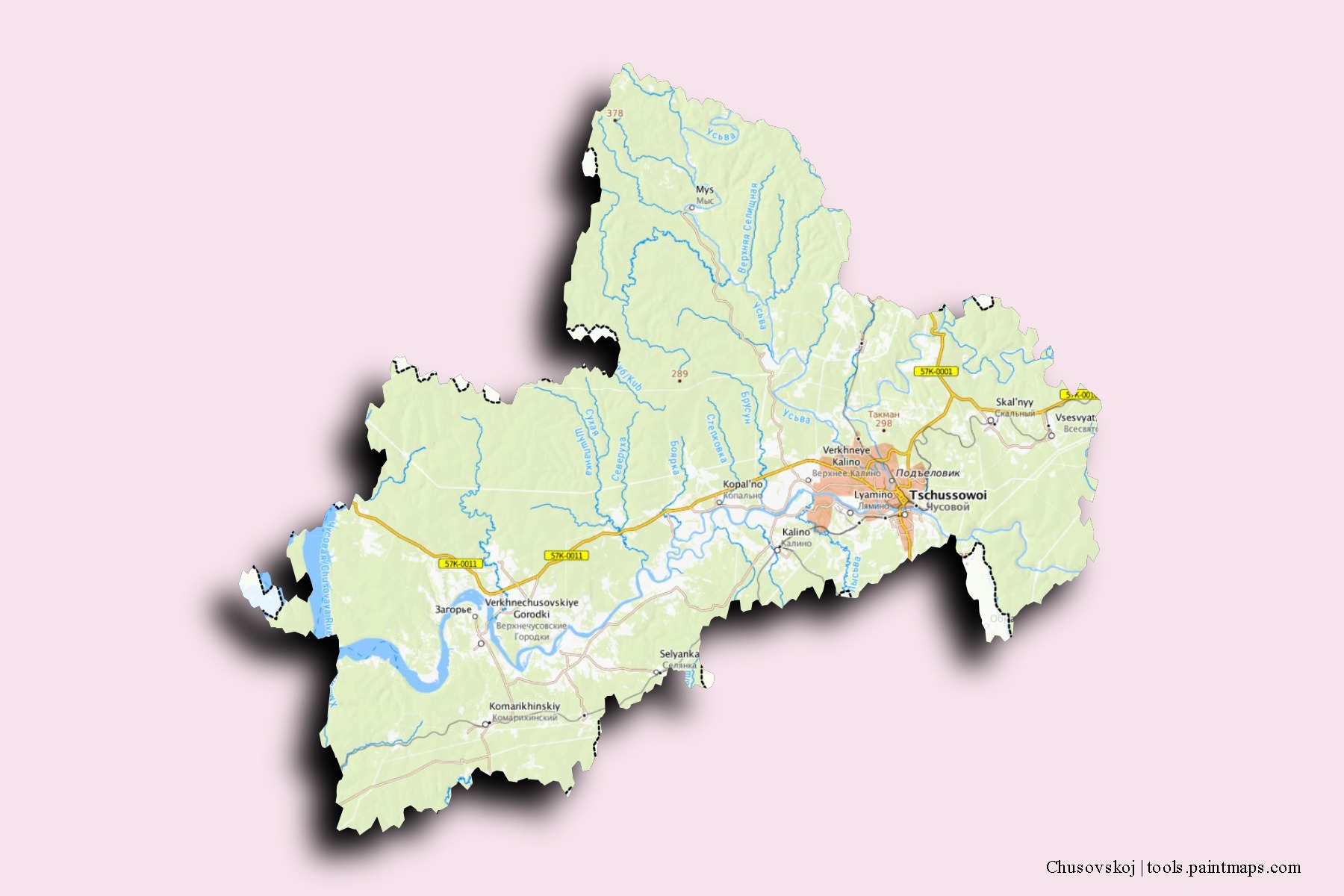 Mapa de barrios y pueblos de Chusovskoj con efecto de sombra 3D