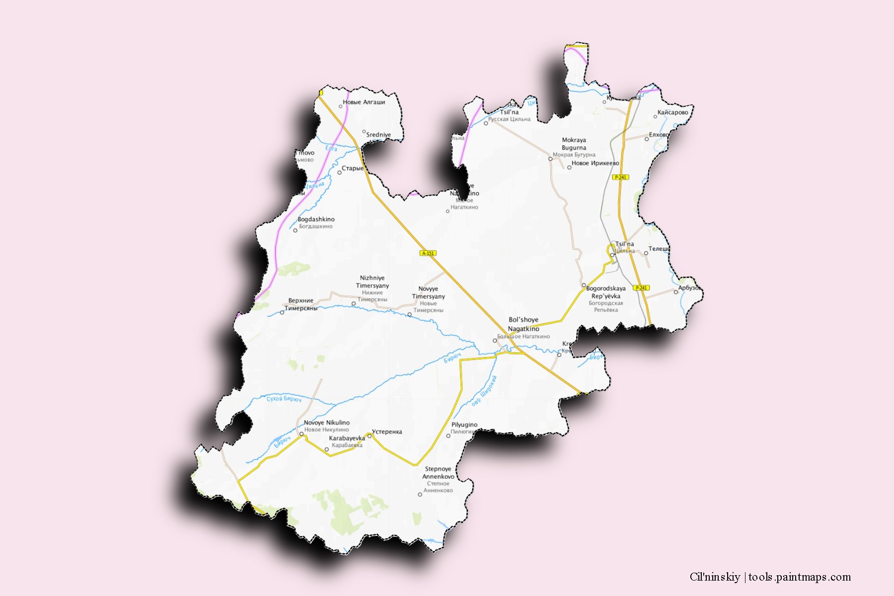 Mapa de barrios y pueblos de Cil'ninskiy con efecto de sombra 3D