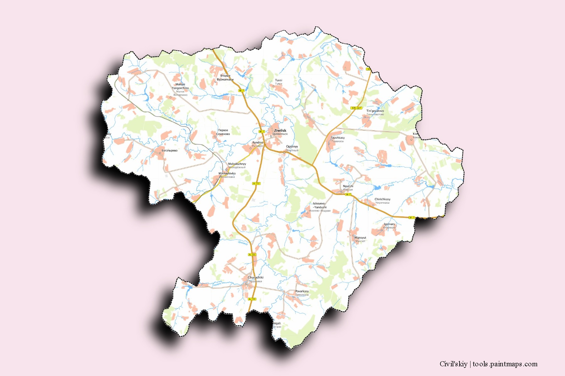 Mapa de barrios y pueblos de Civil'skiy con efecto de sombra 3D