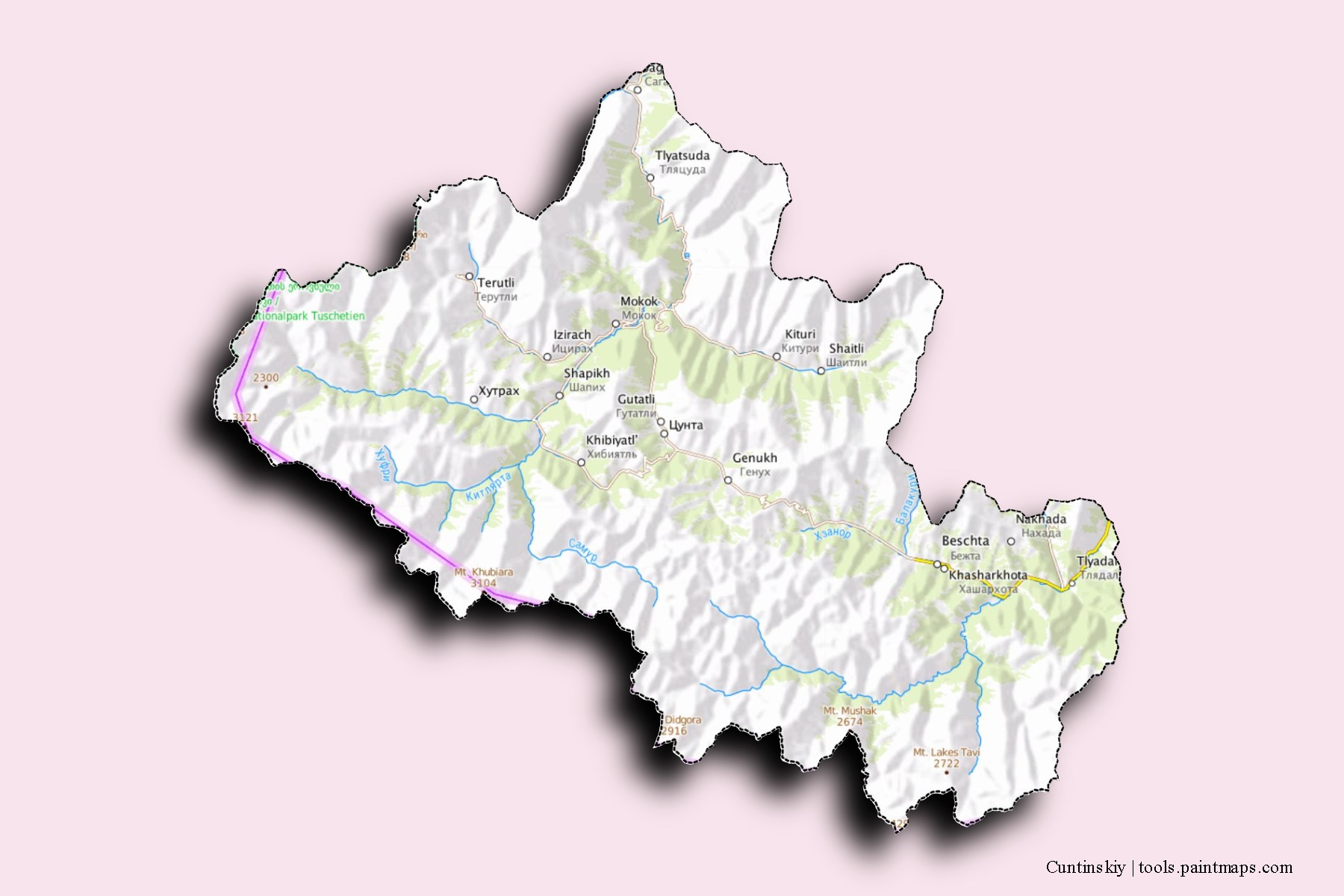 Cuntinskiy neighborhoods and villages map with 3D shadow effect