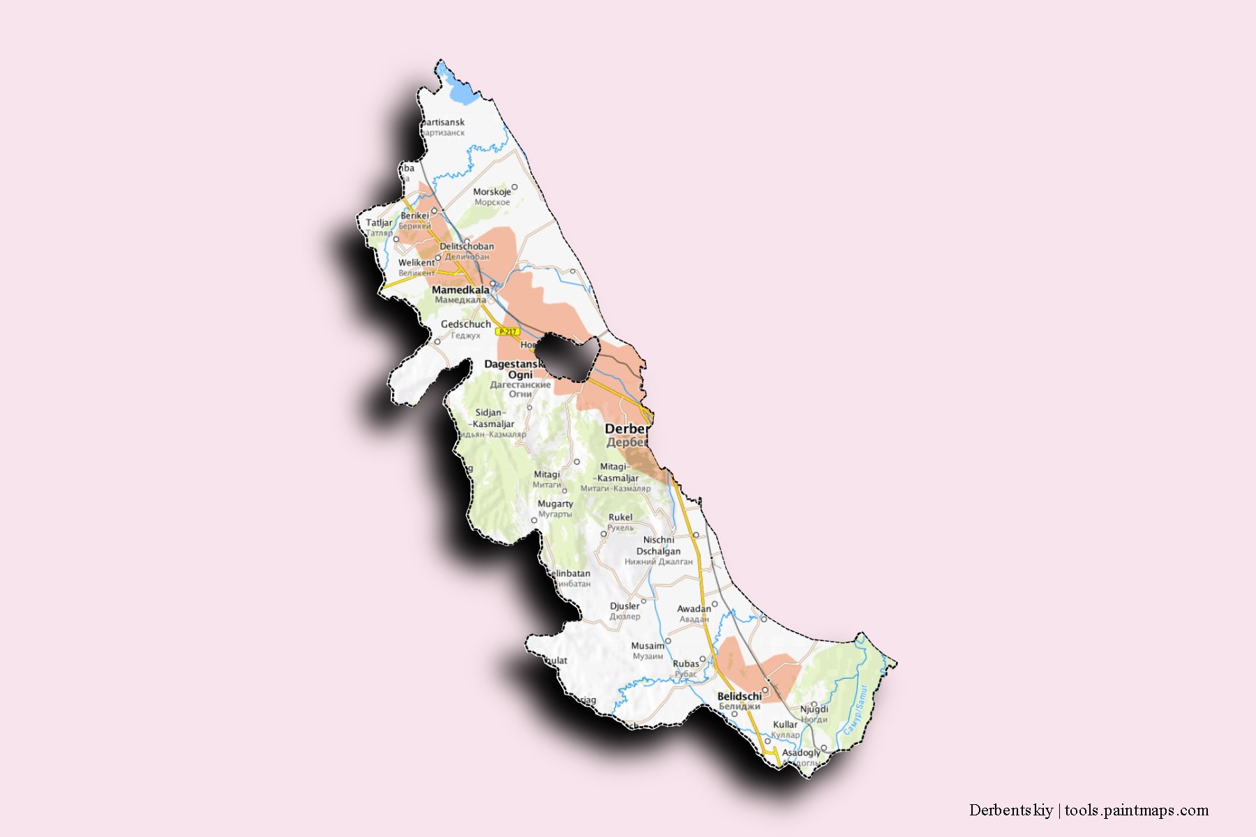 Derbentskiy neighborhoods and villages map with 3D shadow effect