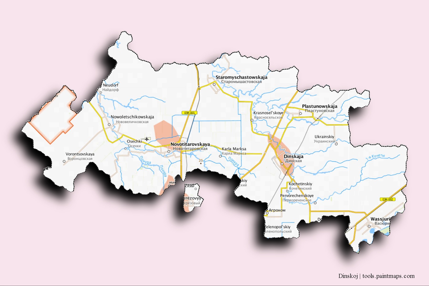 3D gölge efektli Dinskoj mahalleleri ve köyleri haritası
