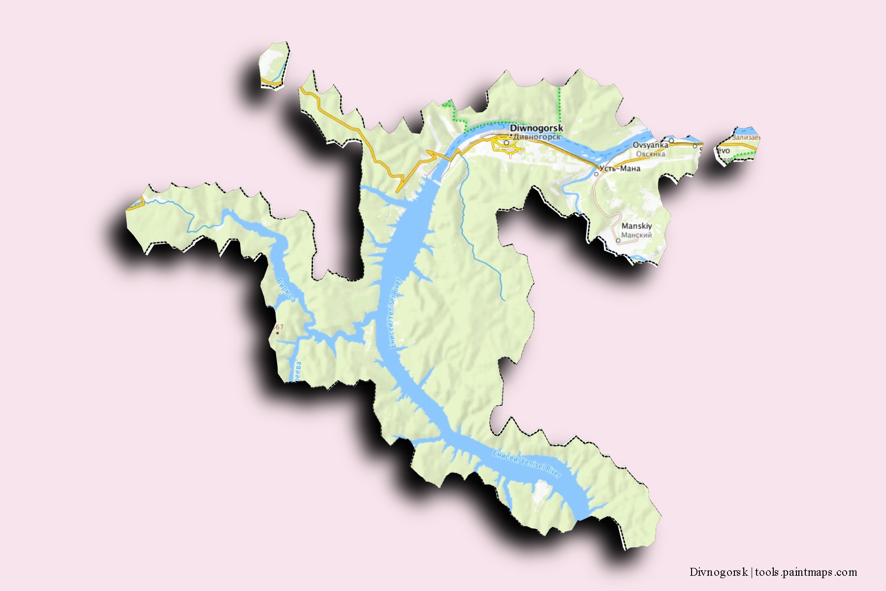 Mapa de barrios y pueblos de Divnogorsk con efecto de sombra 3D