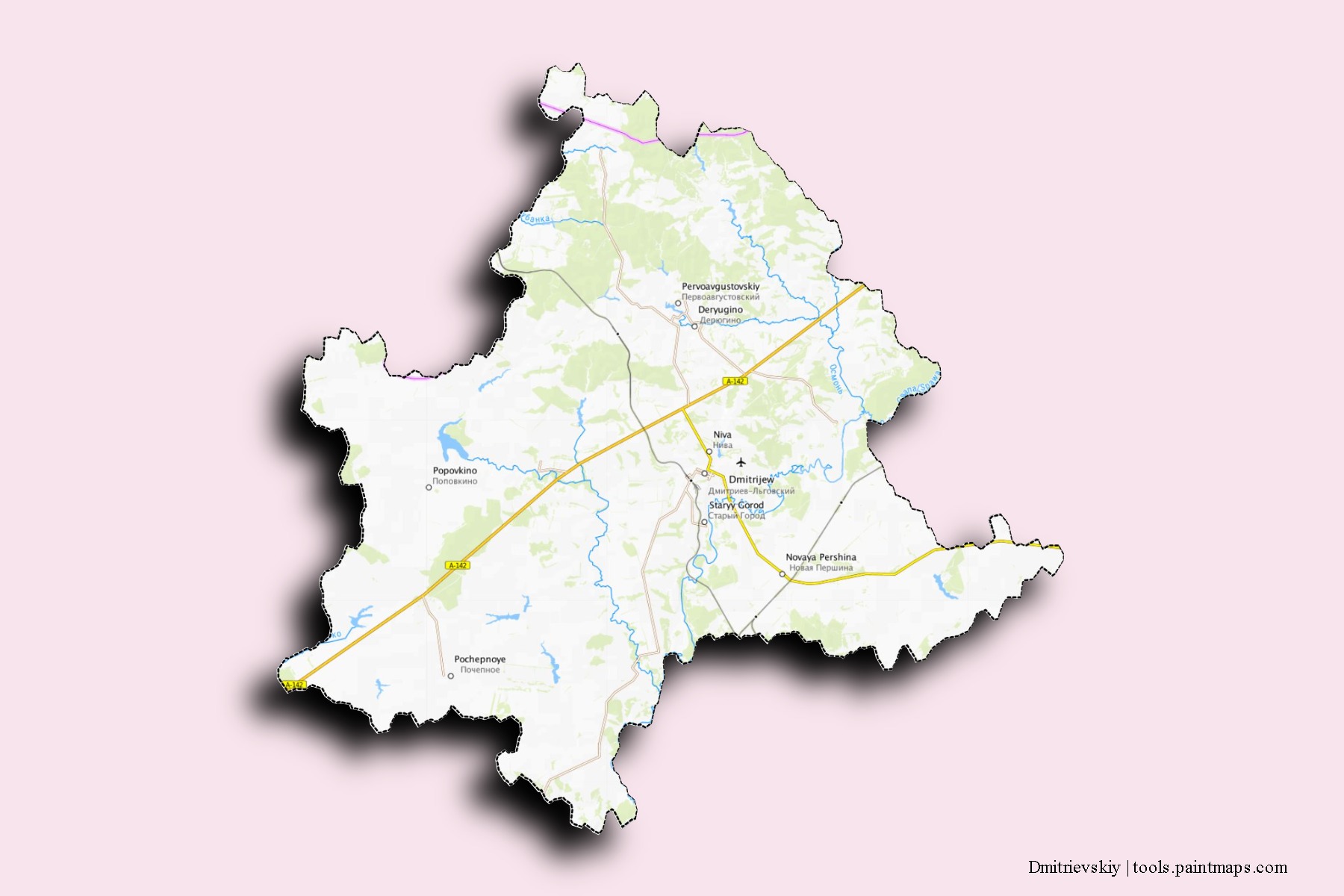 Mapa de barrios y pueblos de Dmitrievskiy con efecto de sombra 3D