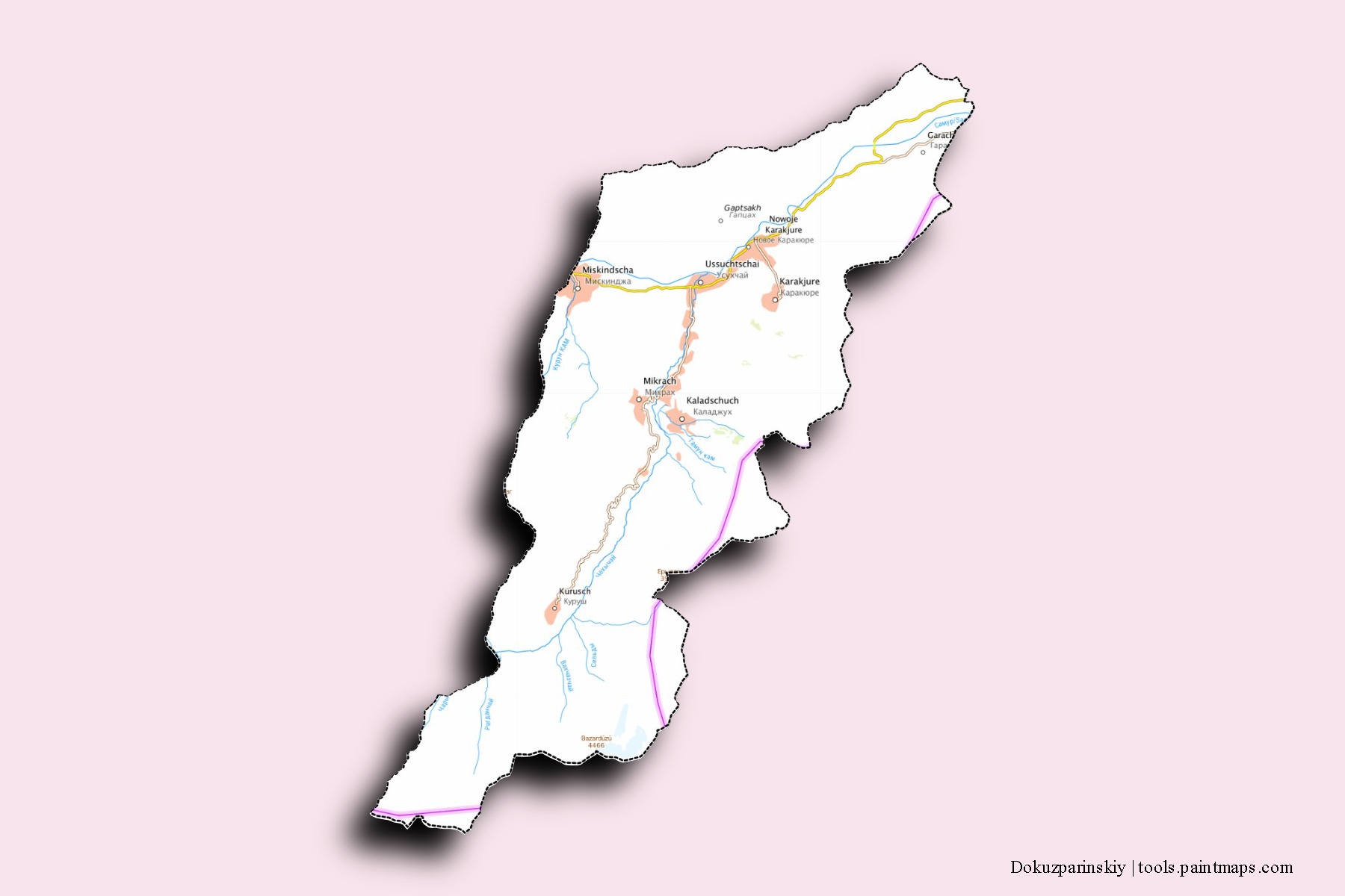 Dokuzparinskiy neighborhoods and villages map with 3D shadow effect