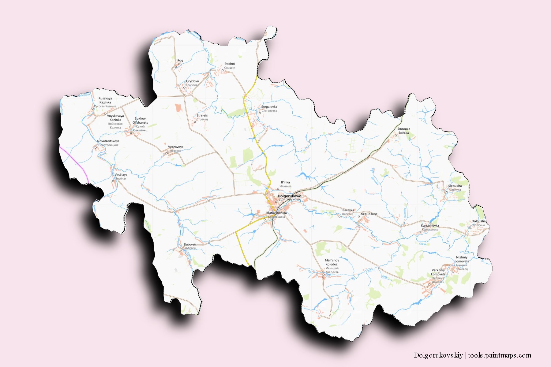 Dolgorukovskiy neighborhoods and villages map with 3D shadow effect