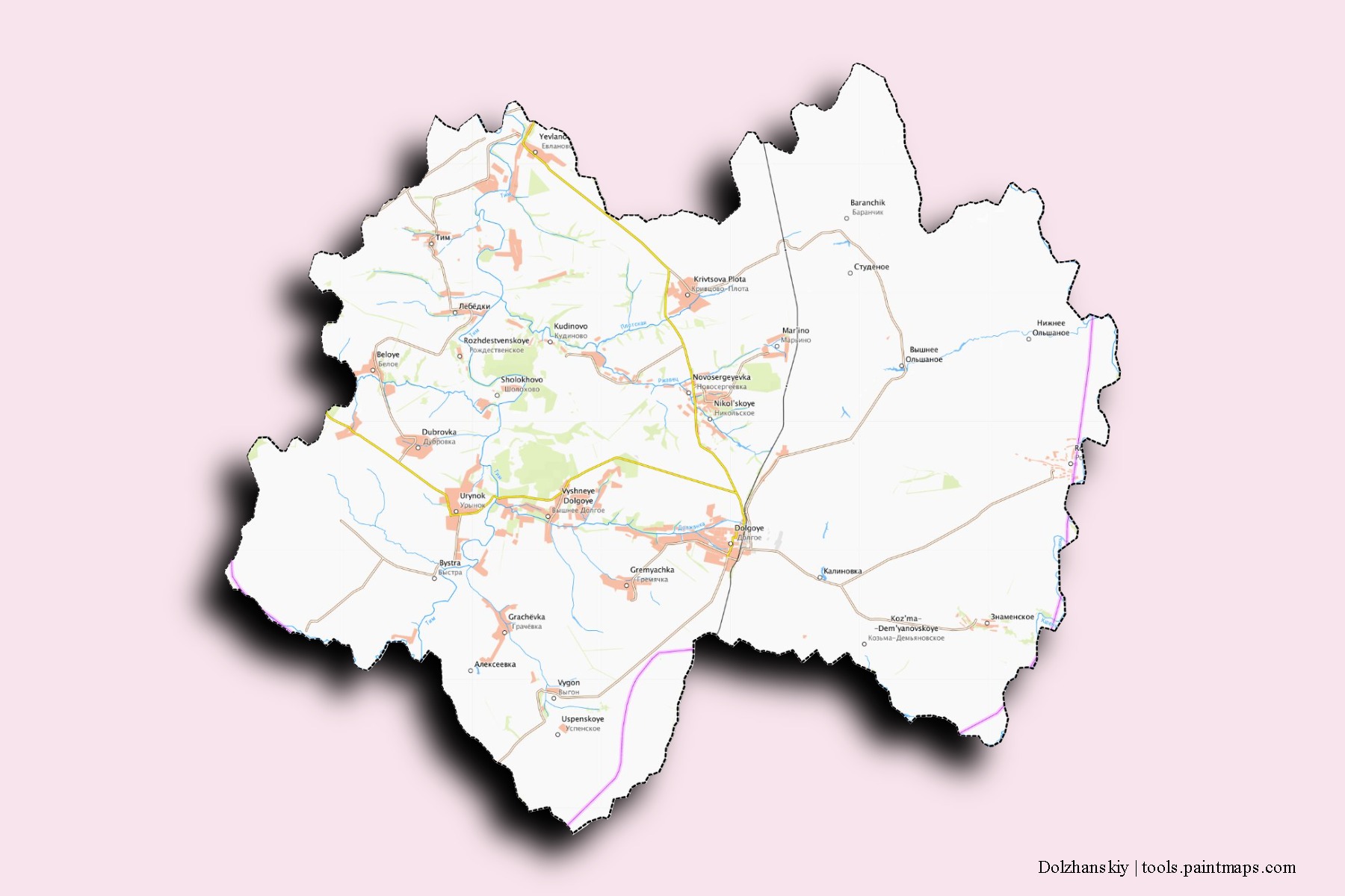 Dolzhanskiy neighborhoods and villages map with 3D shadow effect