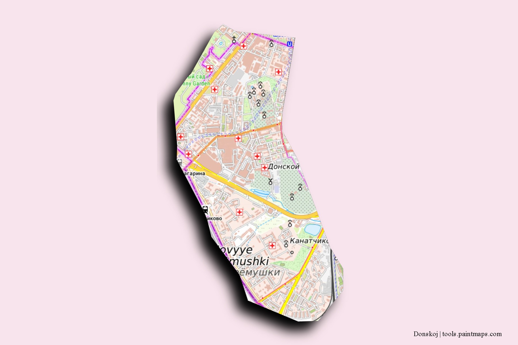 Mapa de barrios y pueblos de Donskoj con efecto de sombra 3D