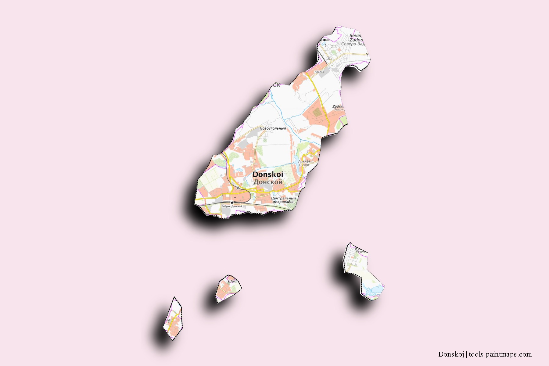 Mapa de barrios y pueblos de Donskoj con efecto de sombra 3D