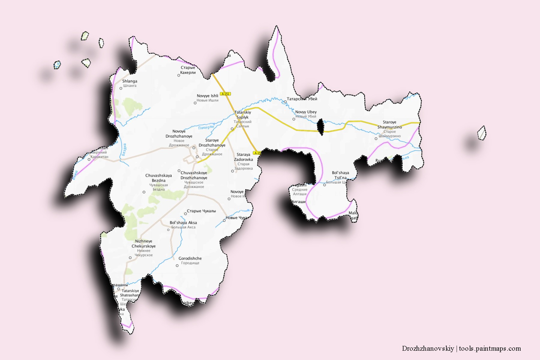 Drozhzhanovskiy neighborhoods and villages map with 3D shadow effect