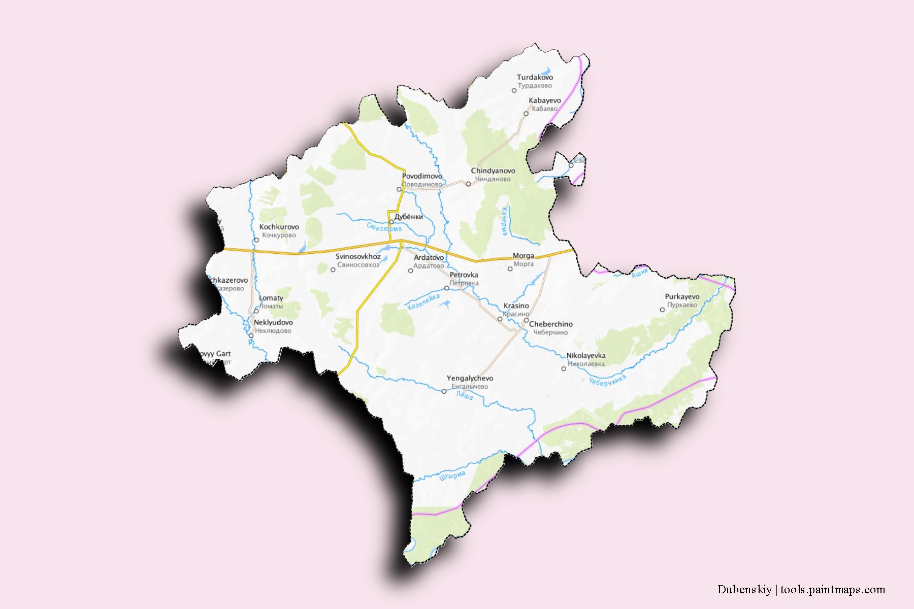 Dubenskiy neighborhoods and villages map with 3D shadow effect