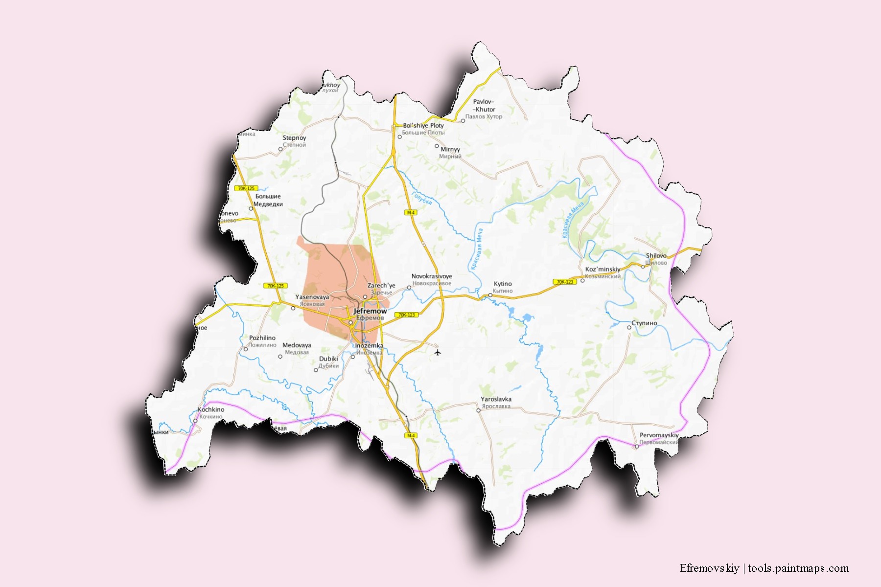 Mapa de barrios y pueblos de Efremovskiy con efecto de sombra 3D