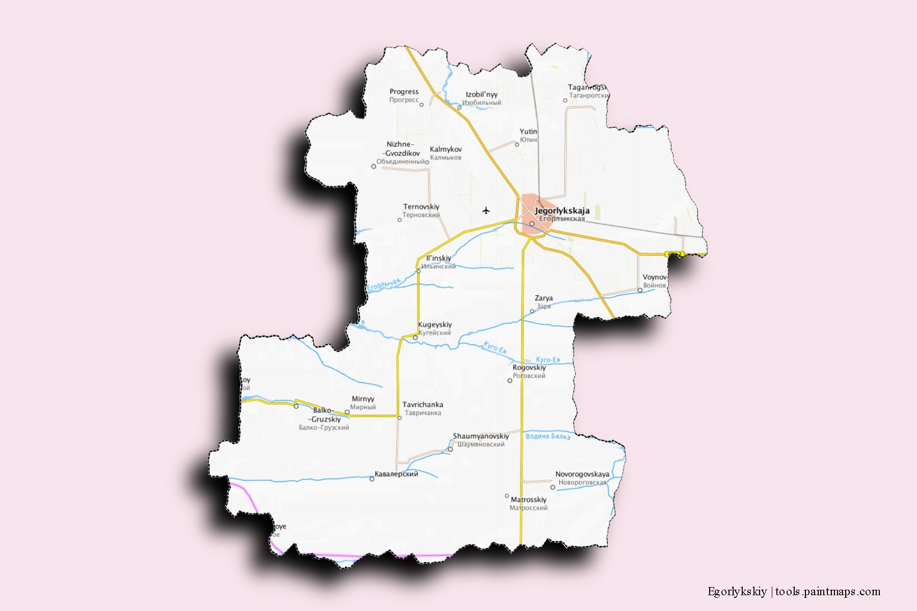 Mapa de barrios y pueblos de Egorlykskiy con efecto de sombra 3D