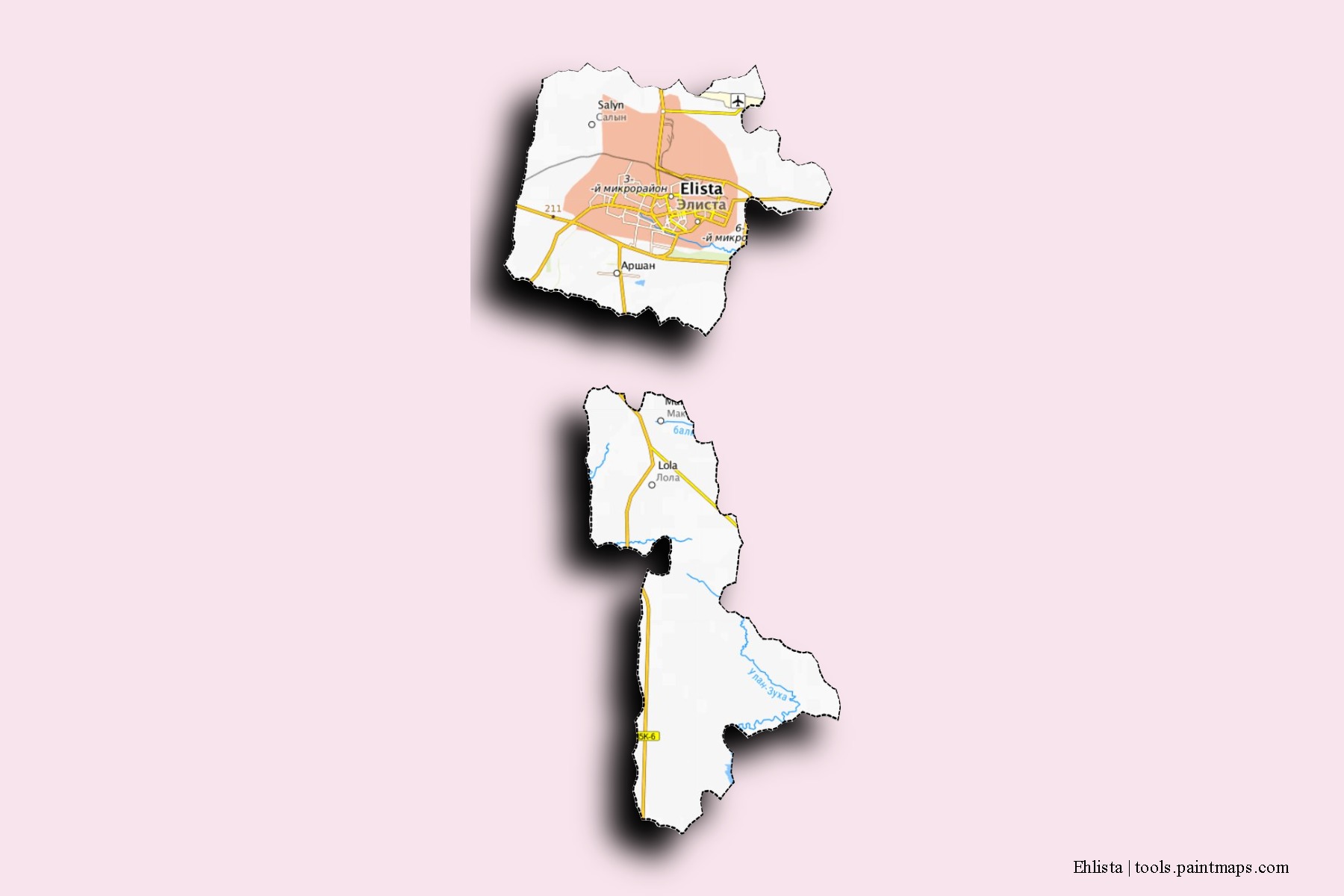 Mapa de barrios y pueblos de Ehlista con efecto de sombra 3D